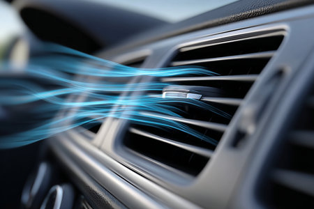 Close Up Shot of Vehicle Air Vents with Cool Air Stream Effect for Comfort on Hot Daysの素材