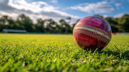 Close Up Captured Moment of Red Cricket Ball on Lush Green Lawn Under Bright Summer Blue Skyの素材