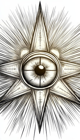 Intricate Eight-Pointed Star with Watchful Eye Design, Detailed Sketch and Radial Lines Artの素材