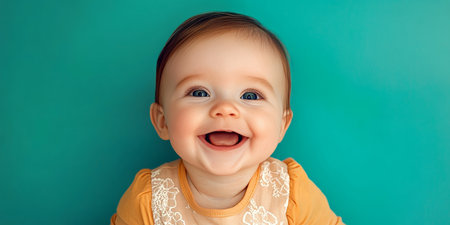 Charming Gaze of a Baby on Teal Backdrop, Innocence and Joy Captured in a Heartwarming Portraitの素材