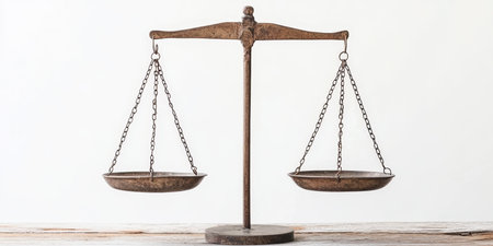 Antique Bronze Balance Scales Symbolizing Justice, Fairness, and Equilibrium in a Studio Settingの素材