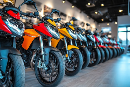 A Stunning Collection of Motorcycles Showcased in a Modern Showroom for Enthusiasts and Collectors.の素材