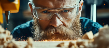 Craftsman Inspecting Precision of High-Speed Cutting Tools in a Professional Woodworking Factoryの素材