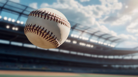 Dynamic baseball player in mid-swing, capturing the essence of athleticism against a vibrant sky.の素材