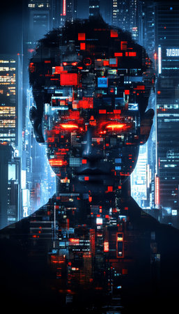 Futuristic Man Surrounded by Glitches and Distortion Effects in a Cyberpunk Digital Art Styleの素材