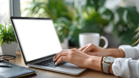 Focused Woman Typing on Laptop in Bright Office Environment, Creating Digital Content Mockup Designの素材