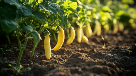 Freshly Harvested Organic Beans from a Flourishing Garden, Showcasing Vibrant Vegetables and Soilの素材