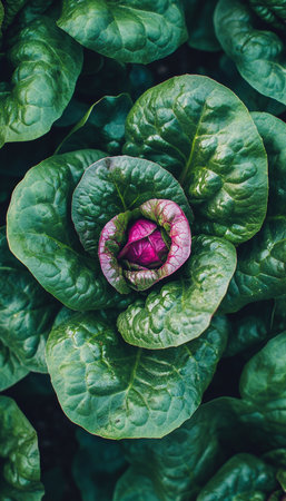 Vibrant indoor vertical farming showcasing thriving radiant lettuce plants under pink grow lightsの素材