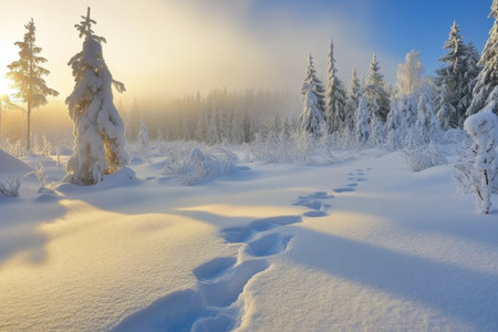 Enchanting Winter Wonderland Majestic Snow Covered Forest with Footprints on a White Blanketの素材