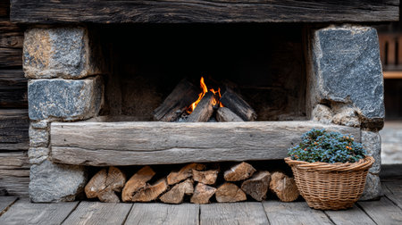 Cozy Cabin Interior Featuring a Rustic Stone Fireplace with Crackling Wood and Inviting Warmthの素材