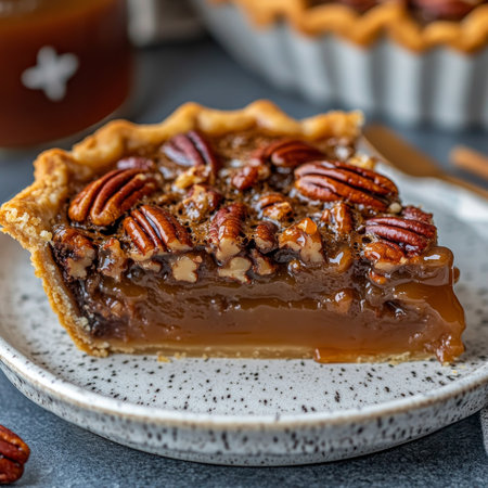 Decadent Slice of Bourbon Pecan Pie with Caramel Drizzle on a Plate, Classic Southern Dessert Treatの素材