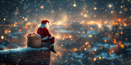 Santa Claus Joyfully Watching Over a Festive City from the Rooftop with Presents and Snowfallの素材