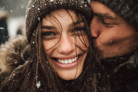 Romantic winter moment with a smiling woman kissed by her partner while enjoying a joyful snowy dayの素材