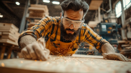 Craftsman Inspecting a Smooth Wooden Plank for Flaws After His Own Sanding Efforts and Care.の素材