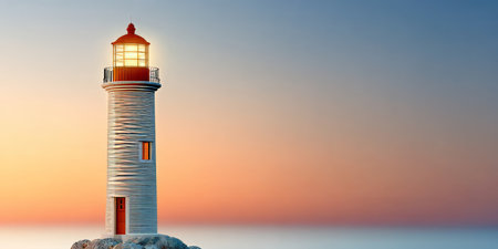 Majestic Grayscale Lighthouse Illuminating the Vibrant Sunset Sky, A Beacon of Hope and Guidanceの素材