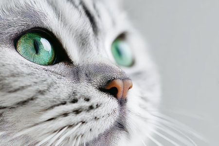 Close-up of an American Shorthair kitten with mesmerizing emerald eyes and delicate features.の素材