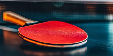 Close-Up of a Table Tennis Paddle Ready for Action During Competitive Club Match Practice Gameの素材