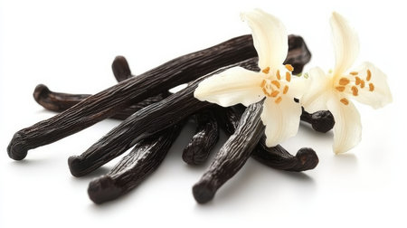 Aromatic Vanilla Pods with Delicate Flowers, Culinary Inspiration for Pastry Chefs and Bakersの素材