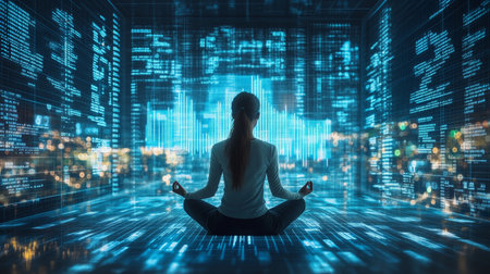 Financial Analyst Practicing Mindful Meditation for Balancing Stock Prices and Career Fulfillmentの素材