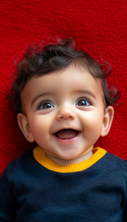 Adorable Baby with Curly Hair Smiling Up at the Camera, Vibrant Red Background, Pure Joy Capturedの素材