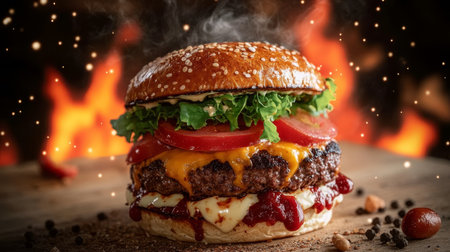 Juicy Double Cheeseburger with Melted Cheese, Crispy Bacon, and Fresh Toppings for Food Loversの素材