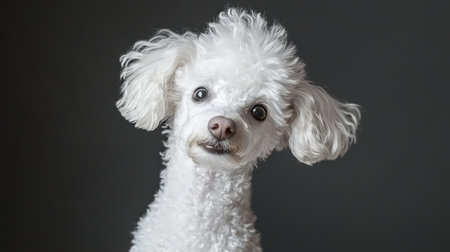 Charming Poodle Pet With Expressive Eyes and Soft Fur Coat in a Minimalist Gray Studio Setting.の素材