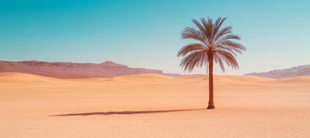 Majestic Palm Tree Against the Expansive Beige Desert Landscape Under a Brilliant Aquamarine Skyの素材