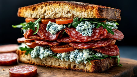 Artisanal Gourmet Sandwiches with Fresh Ingredients and Delicious Flavor Combinations on a Platterの素材