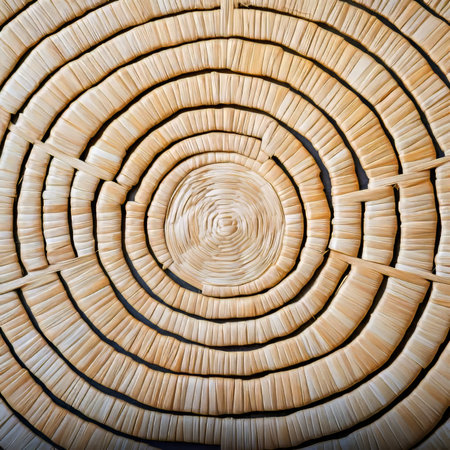 Hand Crafted Straw Circle Design Featuring Intricate Interlacing Craftsmanship and Natural Fibersの素材