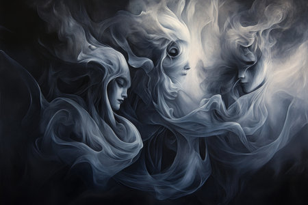 Ethereal Spirits in a Swirling Watercolor Dreamscape of Whispers and Shadows, Tranquil and Dreamyの素材