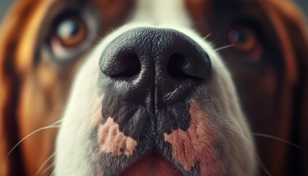 Stunning Close-Up of a Charming Saint Bernard Dog with Detailed Fur and Expressive Face Featuresの素材