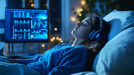 Individual in Deep Relaxation Therapy, Analyzing Sleep Patterns with Advanced Tracker Technologyの素材