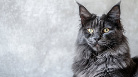 Majestic Maine Coon Cat with Enchanting Eyes Posing Gracefully Against a Soft Gray Backgroundの素材