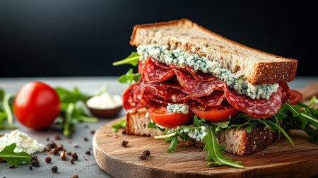 Gourmet Salami and Blue Cheese Sandwich with Fresh Arugula and Juicy Tomatoes on Rustic Breadの素材