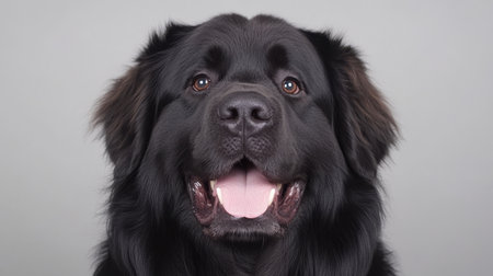 Majestic Newfoundland Dog Portrait with Expressive Eyes and Luxurious Black Fur on Gray Backgroundの素材