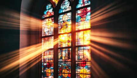 Gothic Cathedral Stained Glass Windows Vibrant Light and Color Illuminating Sacred Spaces Insideの素材