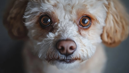 Adorable Bichon Frise Close Up with Captivating Amber Eyes and Fluffy White Fur on Gray Backgroundの素材