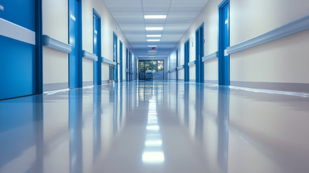 Modern Hospital Interior with Blue Accents, Bright Lighting, and a Focus on Comfort and Hygieneの素材