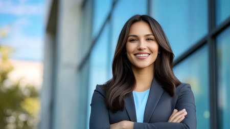 Confident Elegant Latina Businesswoman in Sleek Suit Posing in Urban Setting for Portrait Shootの素材