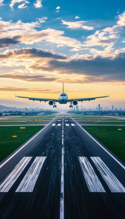 Airplane Silhouette Against Sunset Horizon, Preparing for Landing or Takeoff Over Cityscapeの素材