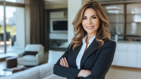 Confident middle-aged businesswoman smiling gently during an important meeting indoors.の素材
