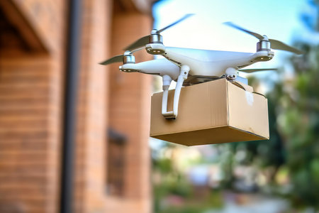 Autonomous Drone Delivering Packages Instantly to Urban Locations for Modern Courier Servicesの素材