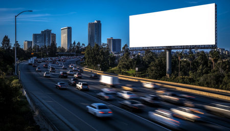 Blank Advertisement Billboard Overlooking Busy Highway with Cars, Urban Cityscape and Clear Skyの素材