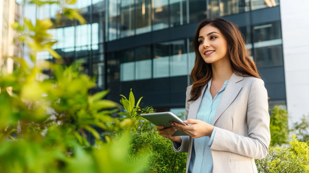 Middle Eastern Businesswoman Working Remotely Outdoors with Technology Near Skyscrapersの素材