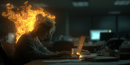 Woman Experiencing Digital Burnout at Work Surrounded by Flames, a Powerful Visual Metaphorの素材