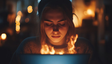 The Digital Inferno A Woman Engulfed by Screen Glow, Exhausted and Burned Out by Work Demandsの素材