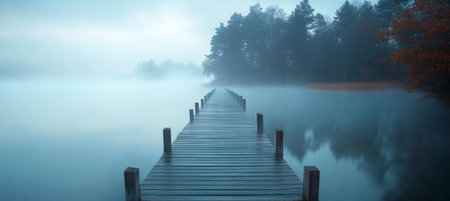 Misty Lake Serenity with Tranquil Wooden Pier Stretching into Ethereal Fog, Nature s Calm Beautyの素材