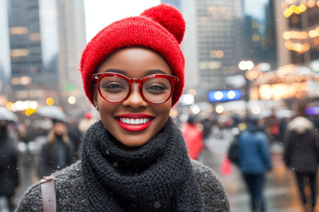 Stylish woman in winter attire strolls through a lively city street, enjoying the cold weather.の素材