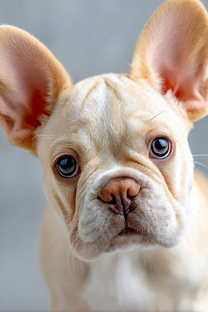 Adorable French Bulldog with Playful Eyes and Charming Expression Against Soft Gray Backgroundの素材