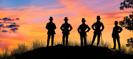 Silhouetted Leaders in the Sunset Historic Figures Contemplating the Journey of Time and Valorの素材